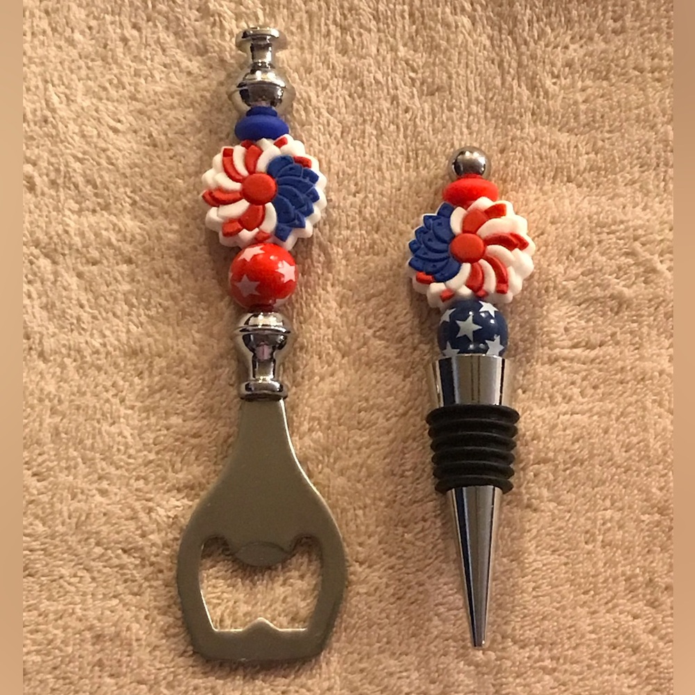 Beaded Patriotic Bottle Opener and Wine Stopper